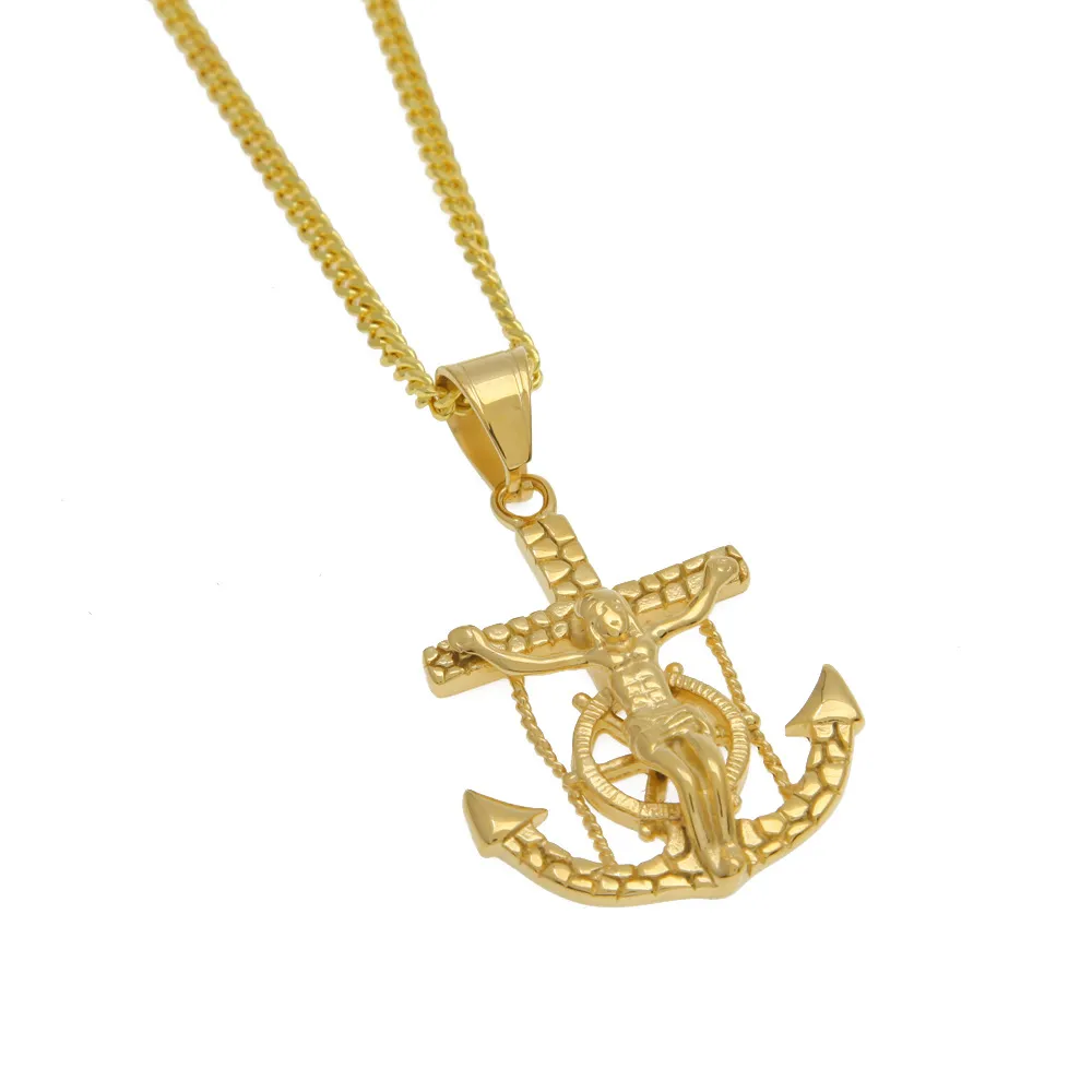 Nouveau Style Punk Crucifix Jésus Croix Gouvernail Ancre Pendentif Collier Or Couleur En Acier Inoxydable Hip Hop Bijoux Articles En Gros