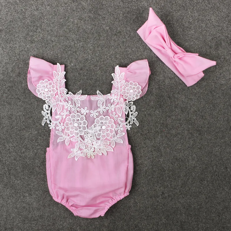 Bébé barboteuse INS été bébé filles rose dentelle barboteuses + bandeaux infantile sans manches nouveau-né doux coton body 2 pièces ensembles