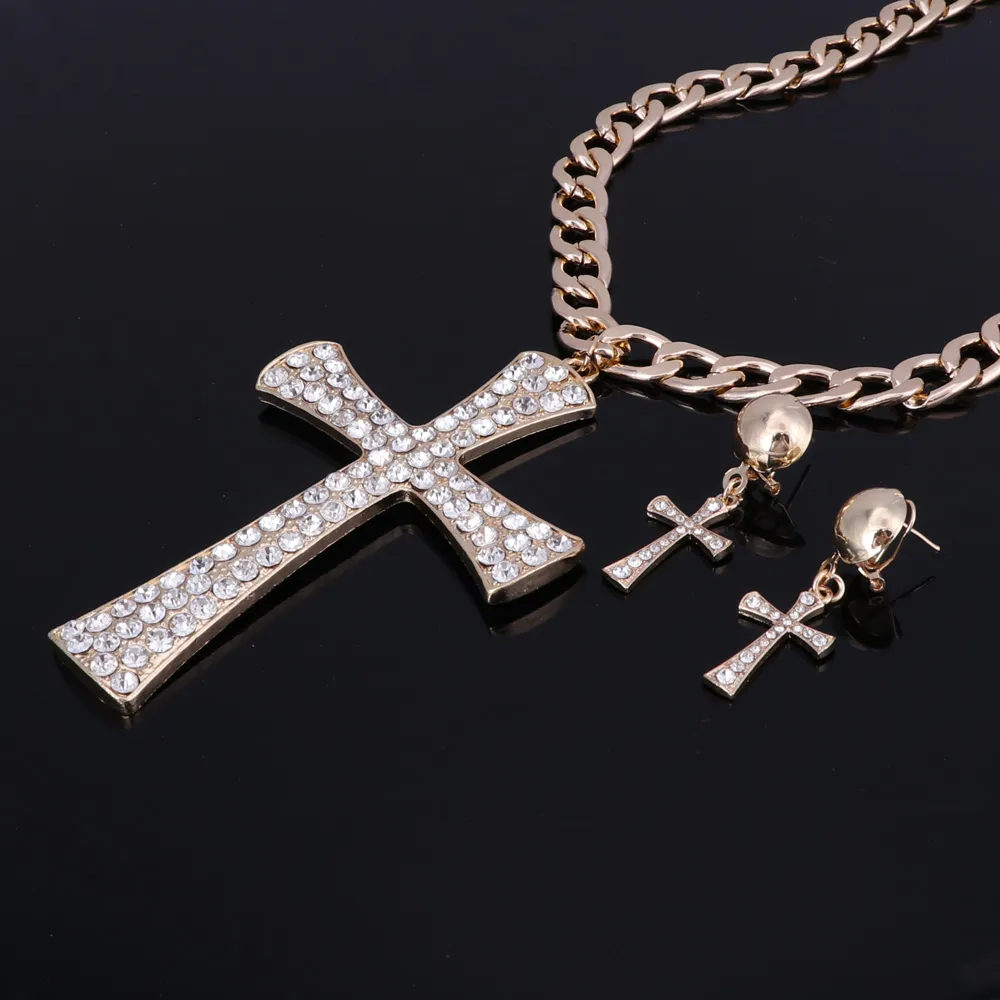 Set di gioielli con croce etiope, orecchini con collana di strass in cristallo color oro, regali di nozze in Africa, gioielli con decorazione della sposa