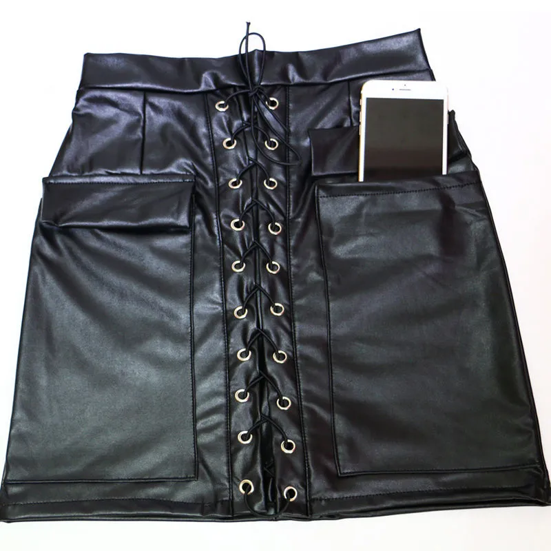 Lace Up Faux Läder Kvinnor Mini Skirt Gothic Punk High Waist Pocket Kjolar Bodycon Clubwear Size S-XXL