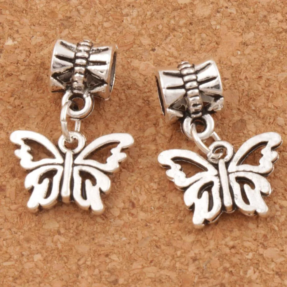 Open Flower Papilio Butterfly Big Hole Koraliki 100 sztuk / partia Antique Silver Fit Europejskiej Charm Bransoletki Biżuteria DIY B1108 15x30mm