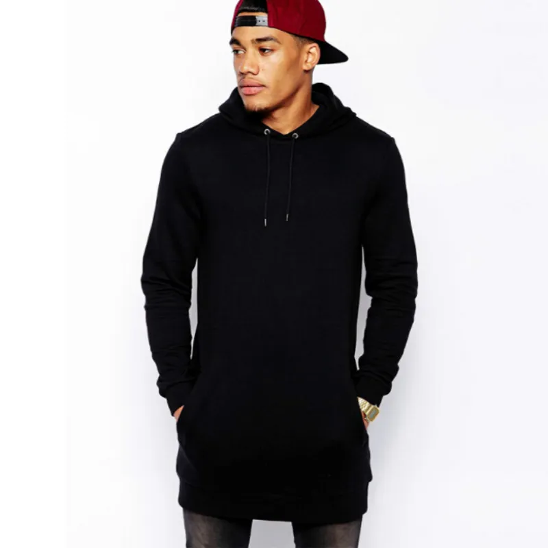 Black mens longline hoodies men fleece solid sweatshirts fashion tall hoodie hip hop side zipper streetwear extra long hiphop