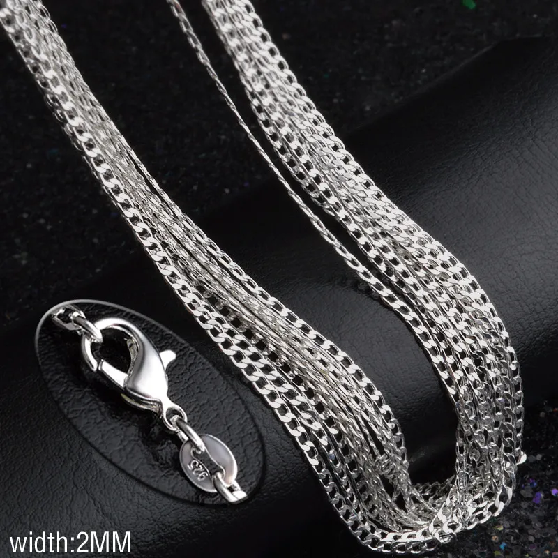 Mann-Frau-Halskette, 925-Versilberung, 2 mm seitliche Kette, Halskette 16 Zoll/18 Zoll/20 Zoll/22 Zoll/24 Zoll/26 Zoll/28 Zoll/30 Zoll