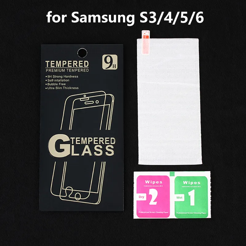 Protecteur d'écran en verre trempé en gros pour Samsung Galaxy S3 S4 S5 S6 Film Ultra HD Premium avec boîte de vente au détail + lingettes