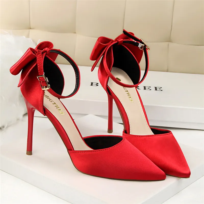 Bowtie Silk Satin bigtree shoes woman pink red high heels Mary Janes wedding shoes italian euros pointed toe summer sandals women sexy pumps