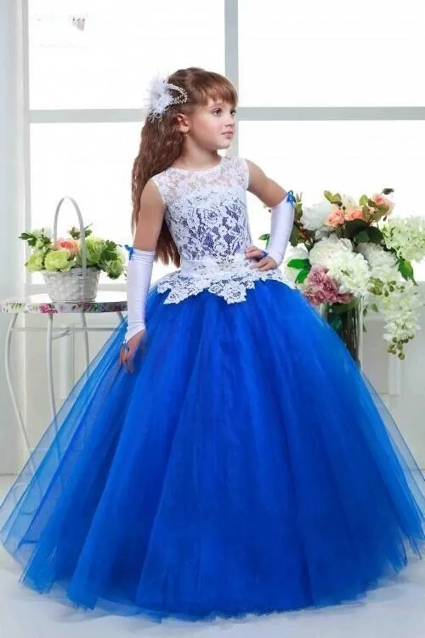 Fantastiskt 2017 Senaste Pageant Klänningar för Tonåringar Juvel Neck Vit Lace Täckt Bodice Royal Blue Organza Ball Gown Kjol Tjej Formella Klänningar