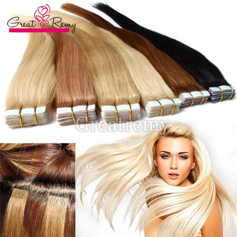 Greatremy® PU кожи волос Уток ленты Наращивание волос Бразильское Virgin Straight ленты в выдвижении человеческих волос (9 цветов)