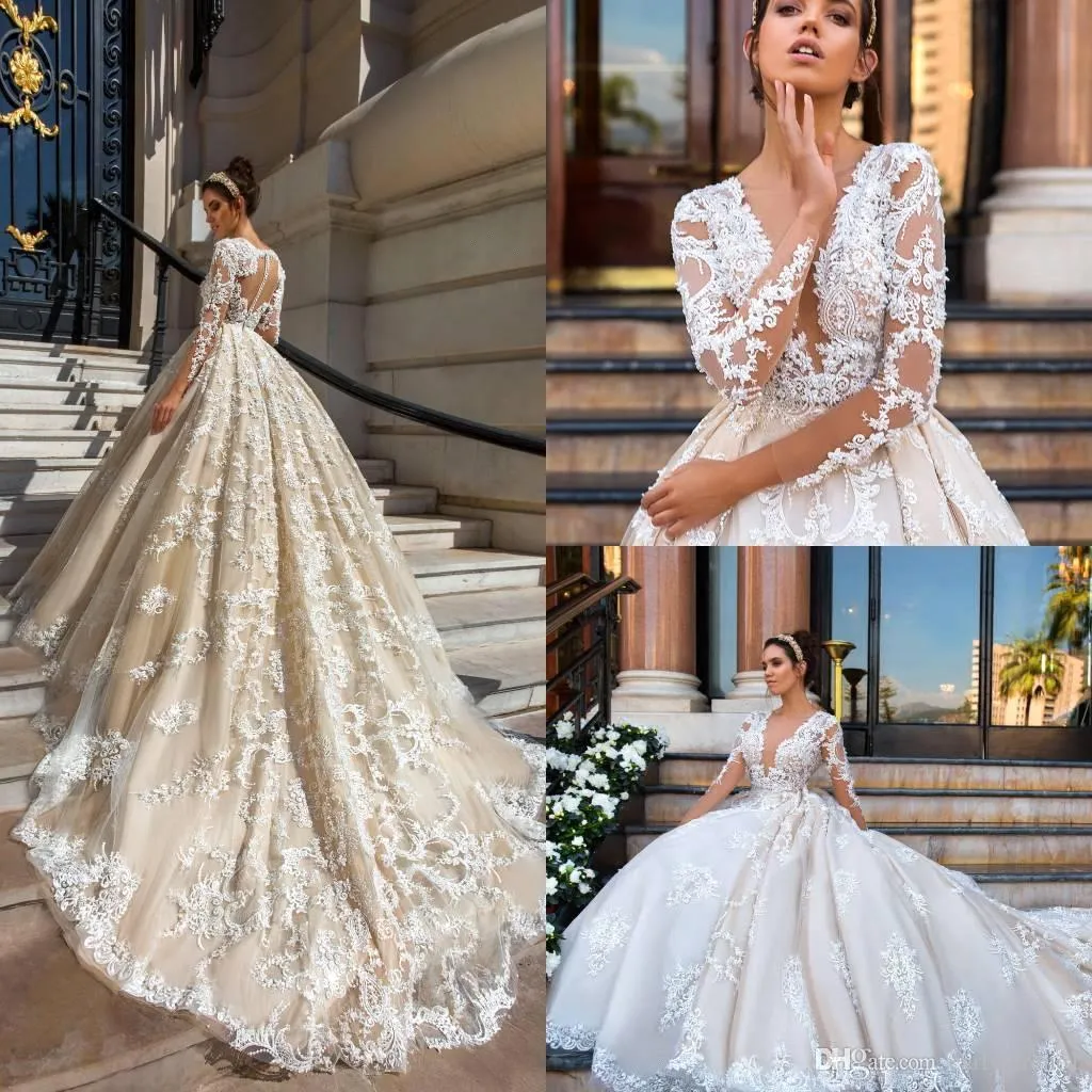 2018 خمر طويل الأكمام vestido دي novia ألف خط قطار المحكمة فساتين الزفاف تغرق الخامس الرقبة ثوب الزفاف مع الوهم مرة أخرى