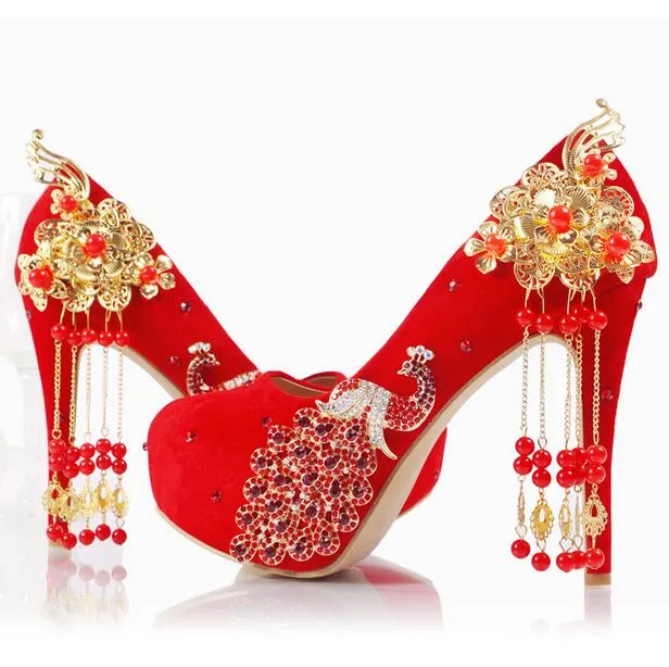 Chaussures de mariage à pompon rouge, chaussures de mariée à talons hauts faites à la main, de Style chinois, en Satin Cheongsam, escarpins de fête pour femmes, pompon291D