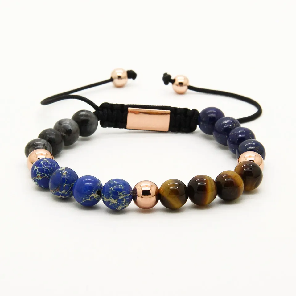 Billiga Smycken Partihandel 10st / Parti 8mm Blue Sea Sediment Stenpärlor Med En Grad Tiger Eye Stone Energy Macrame Armband