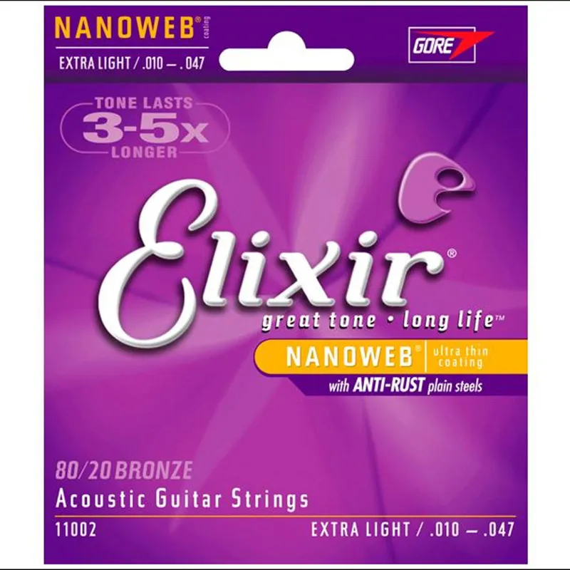 Envío gratis /lote Elixir 11002 Nanoweb revestimiento ultrafino Cuerdas de guitarra acústica Extra Light .010--.047 cuerdas de elixir