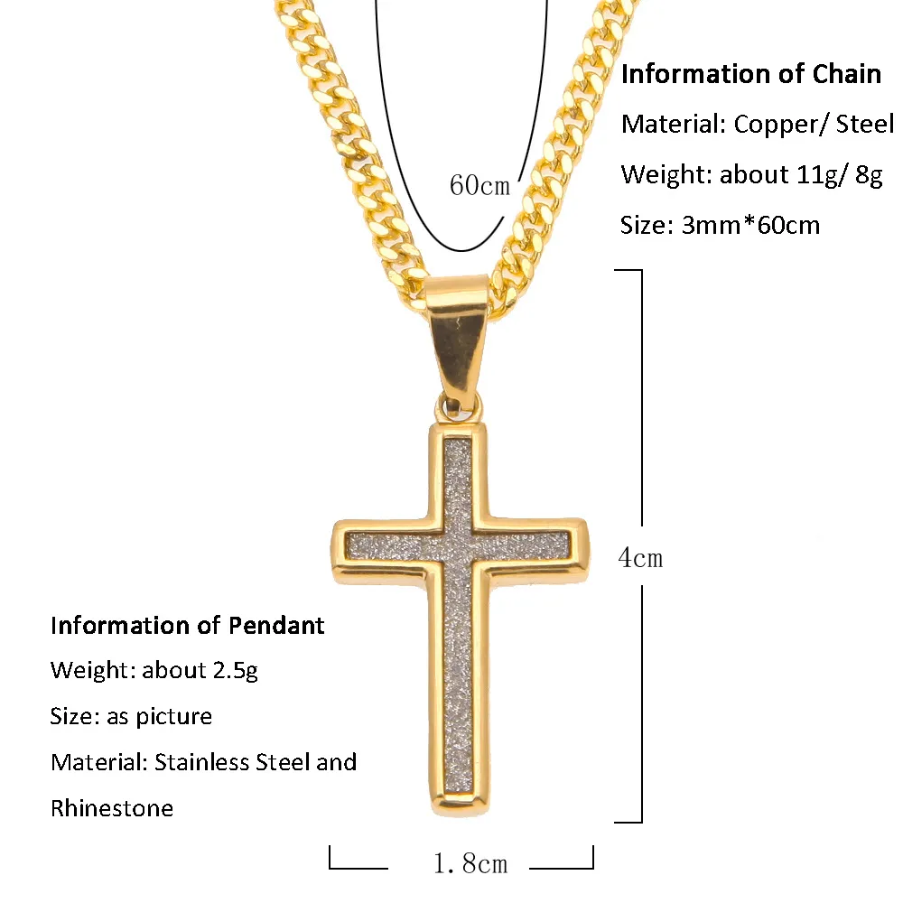 Nouveau pendentif croix en or en acier inoxydable glacé Bling CZ strass pendentif en métal collier 24 pouces chaîne cubaine bijoux Hip hop