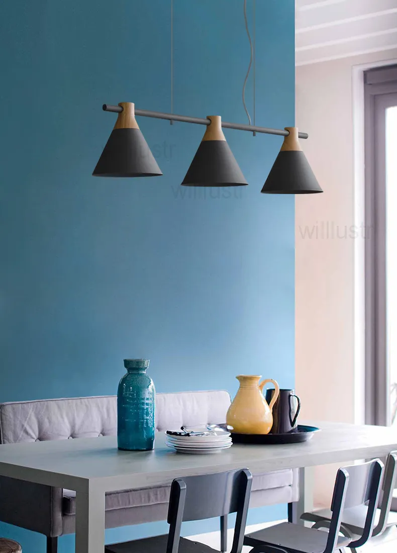 Willlust Macaron Color Green Gray 3 Heads Pendant Light Färgglada Shade Iron Wood Lamp Hang Lighting Living Dinning Room Restaurant Hotel