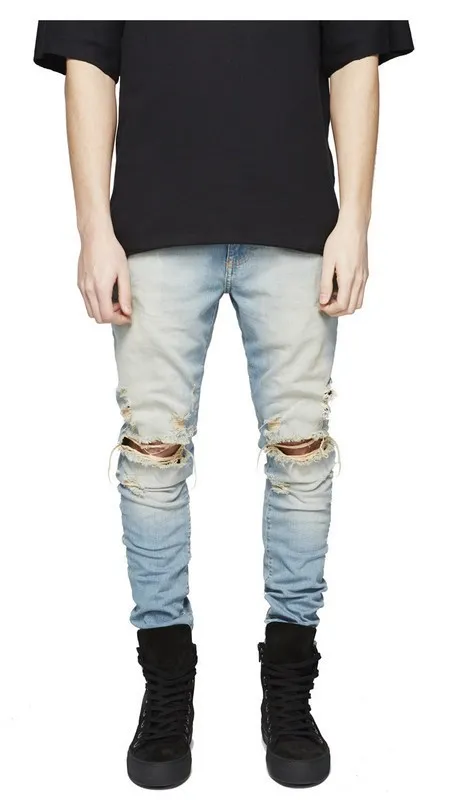 Gratis frakt Män Hi-Street Slim Fit Ripped Jeans Mens Distressed Denim Joggers Knähål Tvättade förstörda jeans