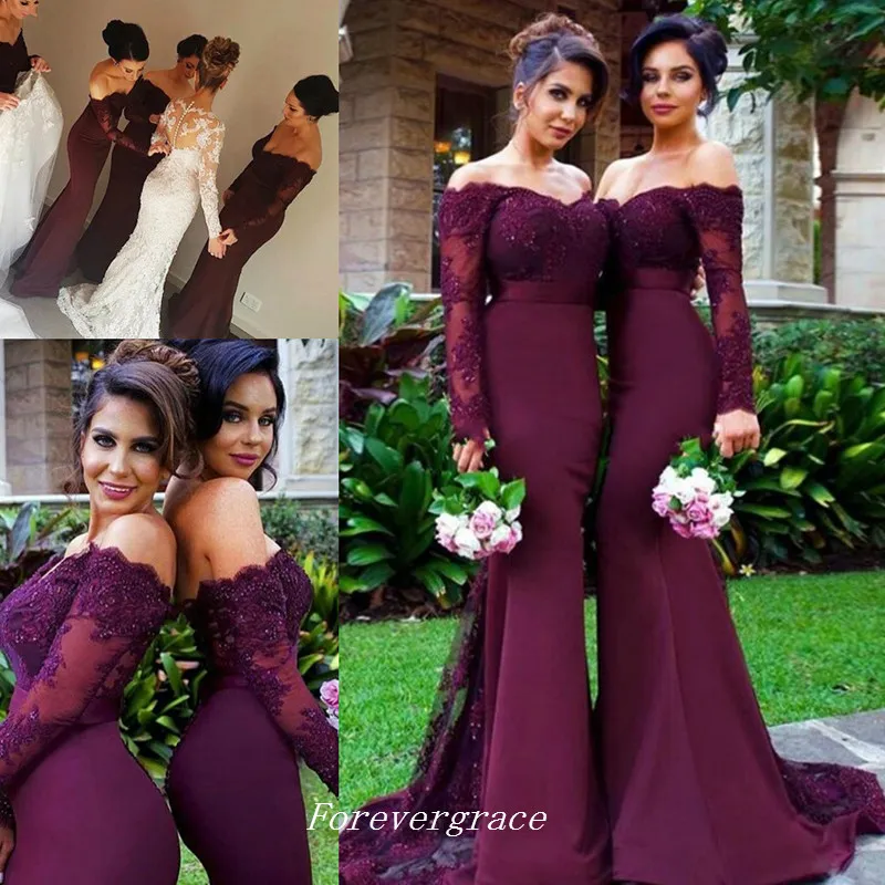 Tanie koronki Burgundia Mermaid Długim Rękawem Druhna Dress Otwórz Dress Dress Dress Wedding Guest Suknia Custom Made Plus Size