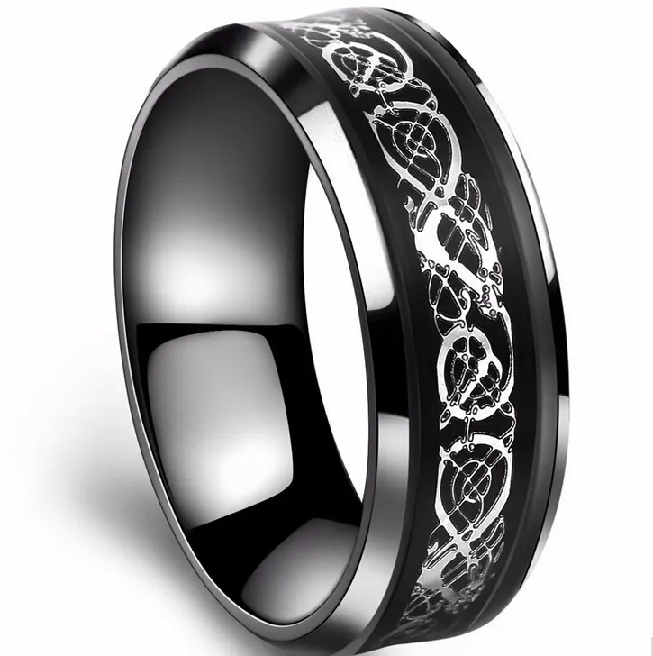 Black 316L Stainless steel Ring for Wedding Band blue Carbon Fiber Ring des Nibelungen Dragon rings for men