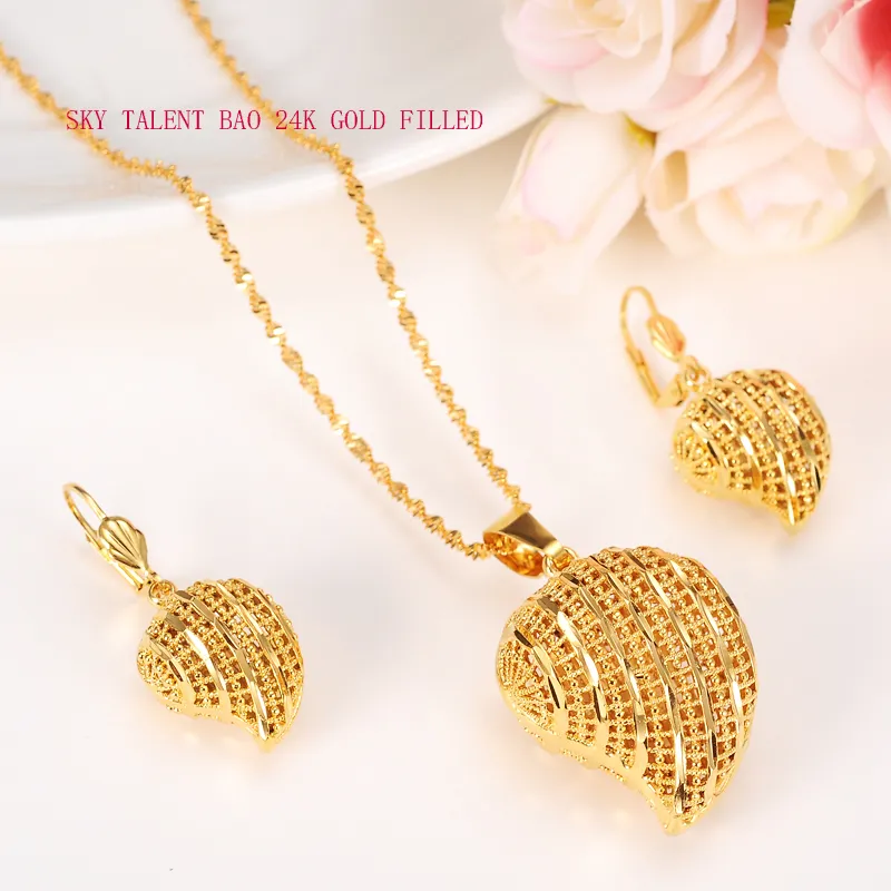 Bijoux de pendentif cardiaque Ensembles de boucles d'oreilles classiques Ensemble de boucles d'oreilles 24k jaune solide Fine GF Afrique arabe mariée 039s Dowry3756680