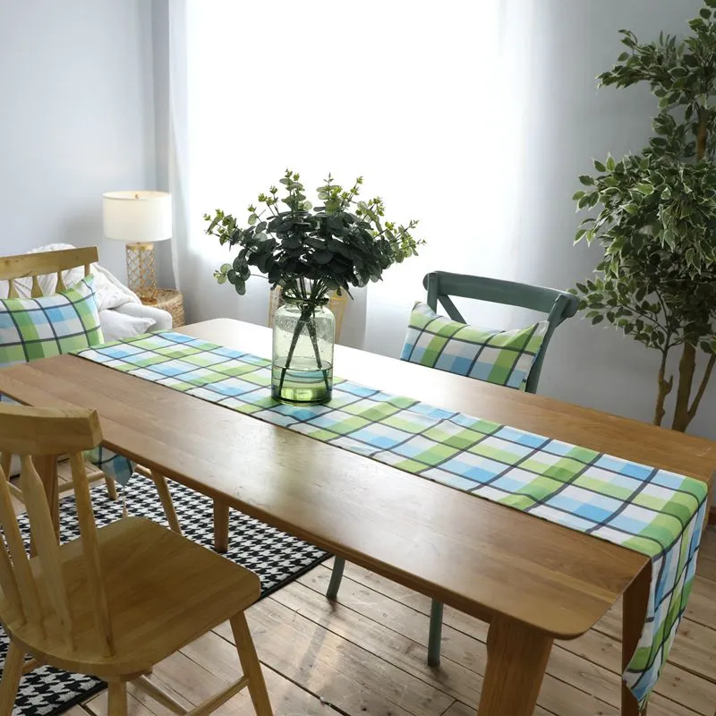 moderne decorazioni verde e blu nozze plaid runner tela di cotone tessuto partito controllare home hotel corridori tovaglia