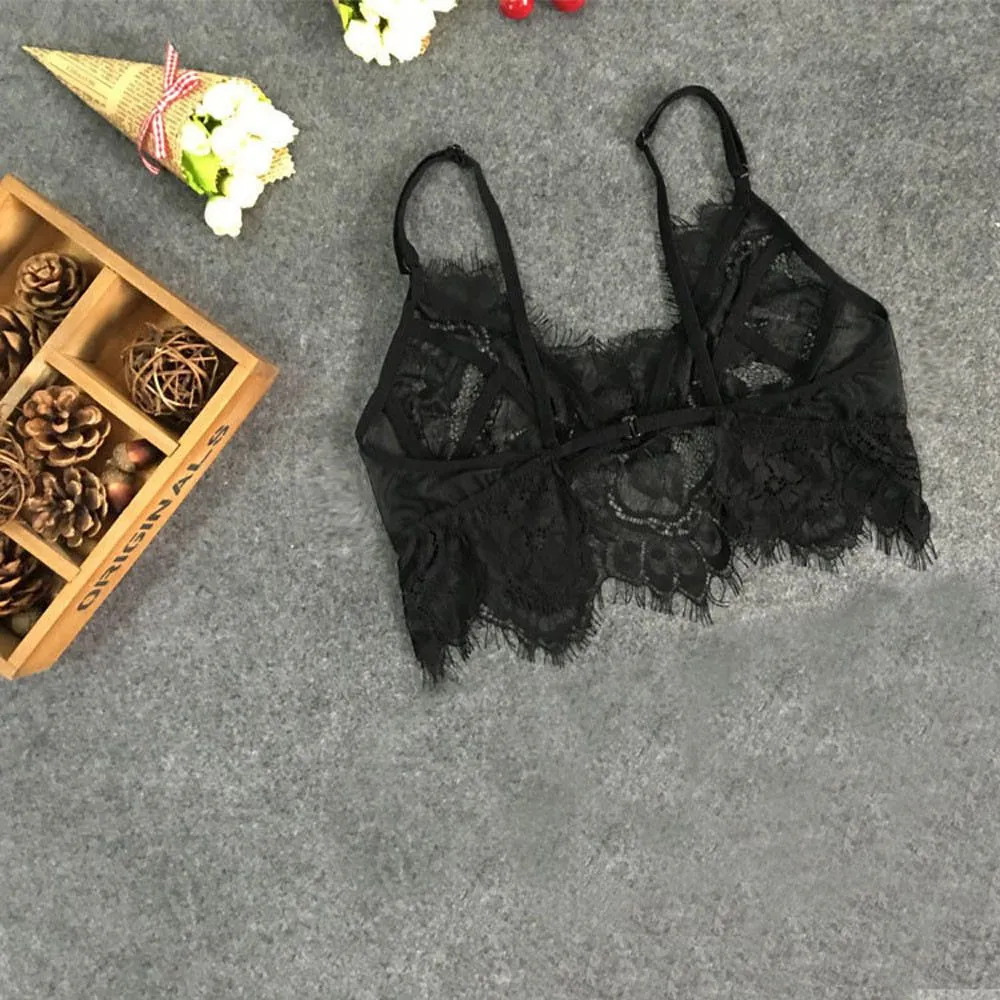 Women Lace Unlined Bralette Triangle Bra Wireless Brassiere Cute Crop Top Black Sexy Intimate Sheer Frenum Strap Underwear