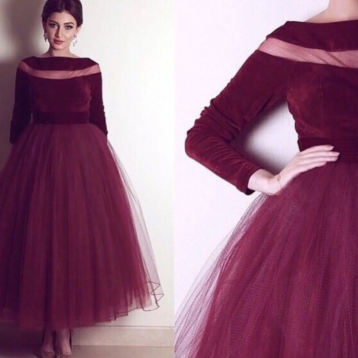 Burgundy Velvet Evening Gown 2019 A-Line Prom Dresses with Long Sleeve Boat Neck Long Formal Pageant Gowns vestidos de noiva Ankle Length