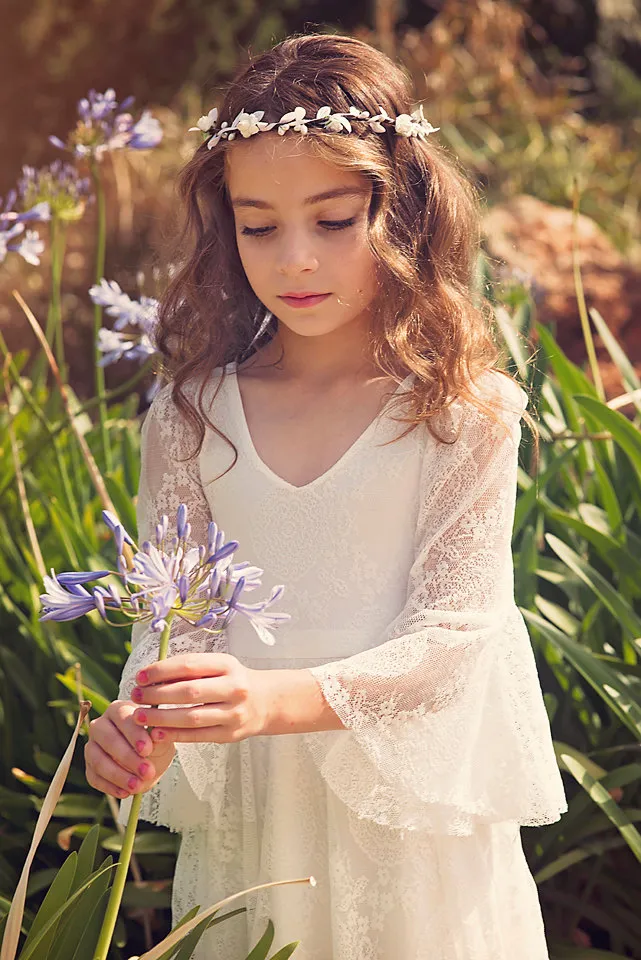 Bohemian Flower Girls Dresses with Long Sleeves and V Neck Ankle Length Fully Lace First Communion Dress for Little Girls Boho321C