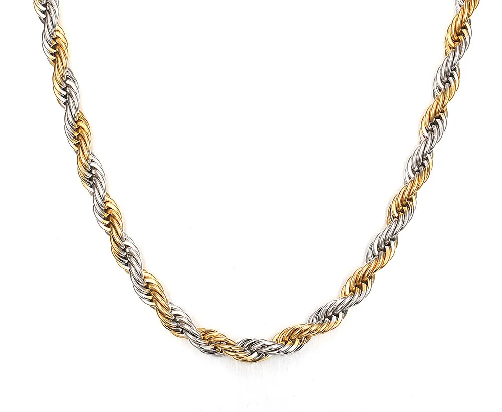 4MM Wide Link Chain Necklace Twisted Chain Gold+Sliver Men Necklaces Long Stainless Steel Chain