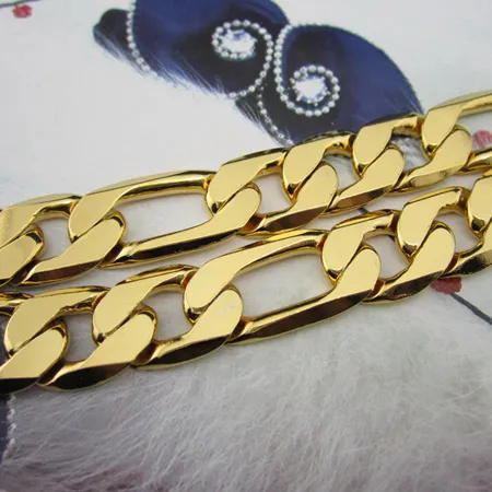Fayelight Statement Jewelry Collana in oro giallo da uomo 24 carati + set di bracciali 12 mm Figaro Curb Chain a catena 24 