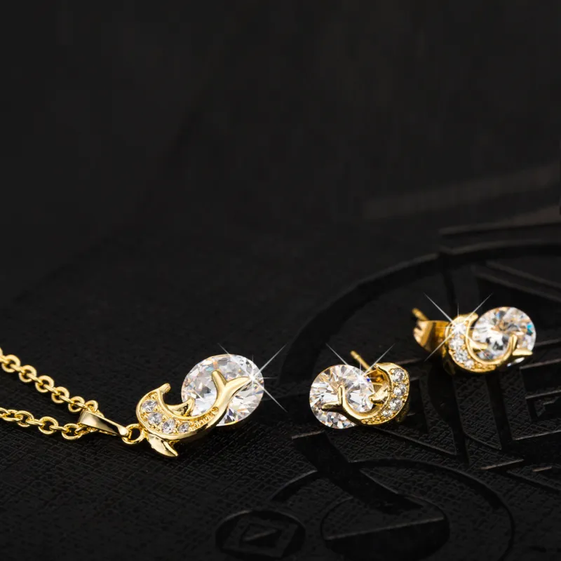 Kids Jewelry Sets 18K Yellow Gold Plated Crystals CZ Cluster Cute Dolphin Stud Earrings 18quot Chain Pendant Necklace for Childr8898002