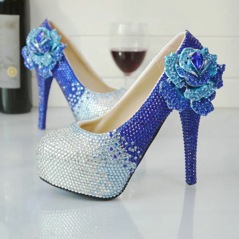 جديد مصمم اليدوية حجر الراين أحذية الزفاف الأزرق مع فضية كريستال أحذية الزفاف منصة مضخات حفلة موسيقية حفلة موسيقية رائع