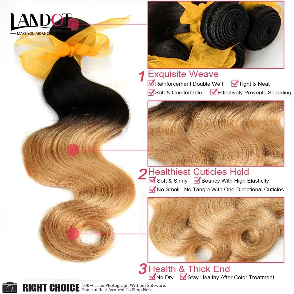 Ombre indisk kroppsvåg Virgin mänskliga hårförlängningar Två ton 1b / 27 # Honey Blonde Ombre Indian Body Wavy Remy Human Hair Weaves 3bundles