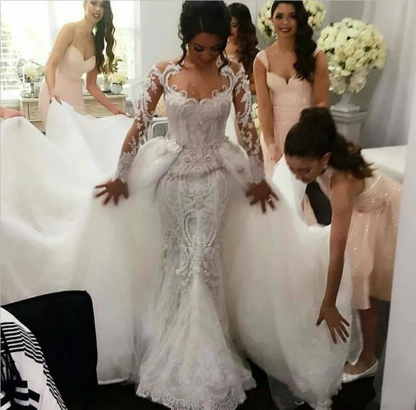 2020 Arabische luxe trouwjurken zeemeermin kant parel kralen illusie lange mouwen overkassen bruids bruidsjurken jurk afneembare trein