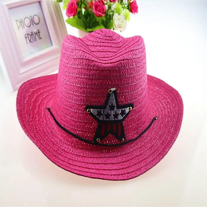 Kids Straw Western Cowboy hat Children Cowgirl Hat with Americian Flag Star lot250k