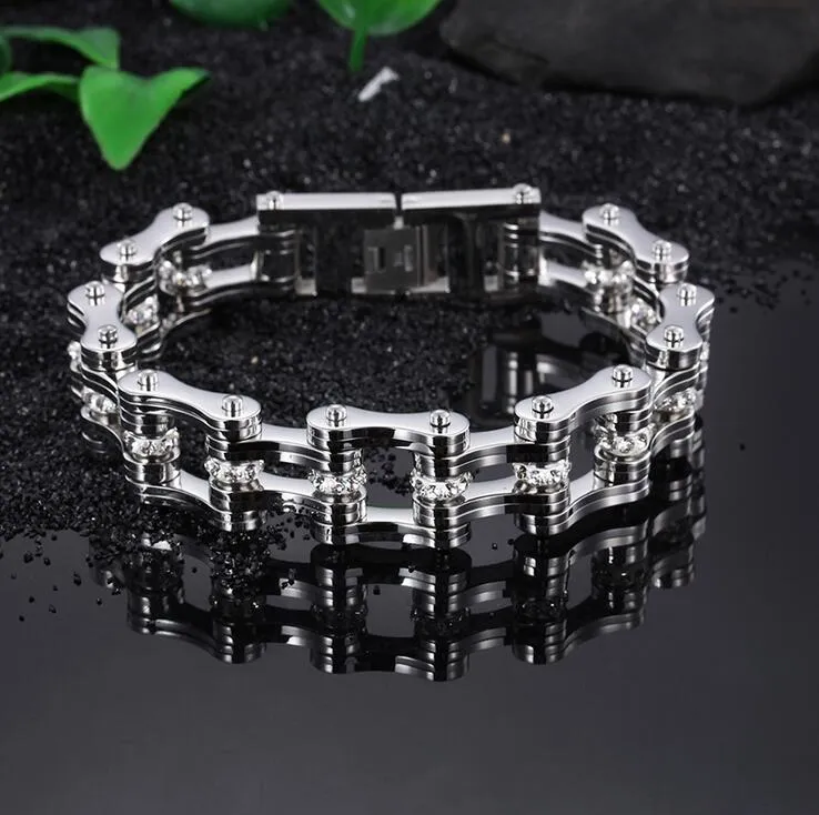 16mm Cristalli pesanti di alta qualità Titanio Acciaio inossidabile Oro Argento Punk Biker Moto Catena Link Bracciale grande Regali di festa da uomo