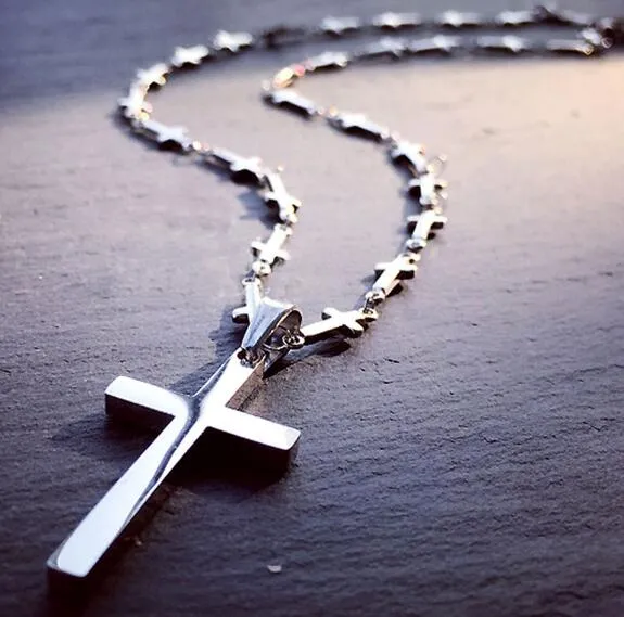 Free shipping Silver Stainless Steel women Mens fashion Polished shiny strong cross chain necklace with cross pendant 18-28 inch