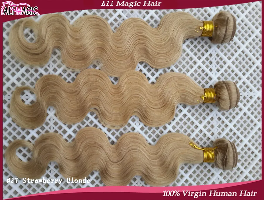 Factory Price #27 Strawberry Honey Blonde Body Wave Virgin Remy Human Hair Weaves Extensions Bundles Unprocessed Hair Weft Weaving