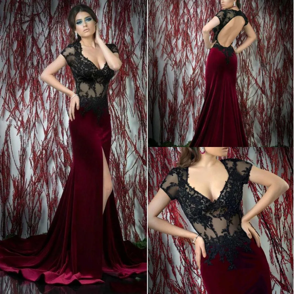 Velours Bourgogne Et Noir Dentelle Applique Robes De Soirée Encolure Dégagée Manches Courtes Robes De Bal Ouvert Ouvert Sur Le Front Split Train De Balayage Robe De Fête