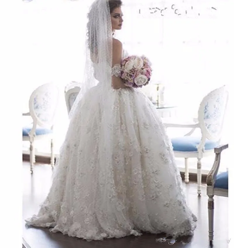 Luxury Wedding Dress Sweetheart Pärled 3D Floral Applique Spetsbollklänning Puffy Off the Shoulder Bride Wedding Dresses