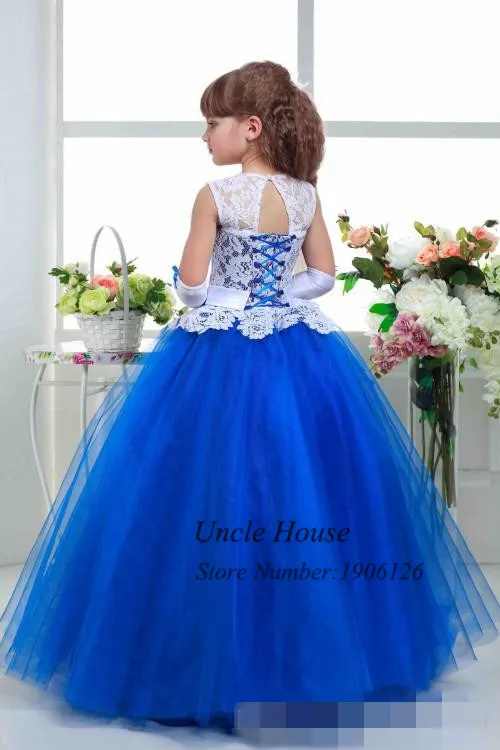 2019 NUOVO Royal Blue Abito lungo da comunione Abiti da spettacolo bambine Bambini Frock Designs Tulle Lace Up Robe de soiree enfant fille