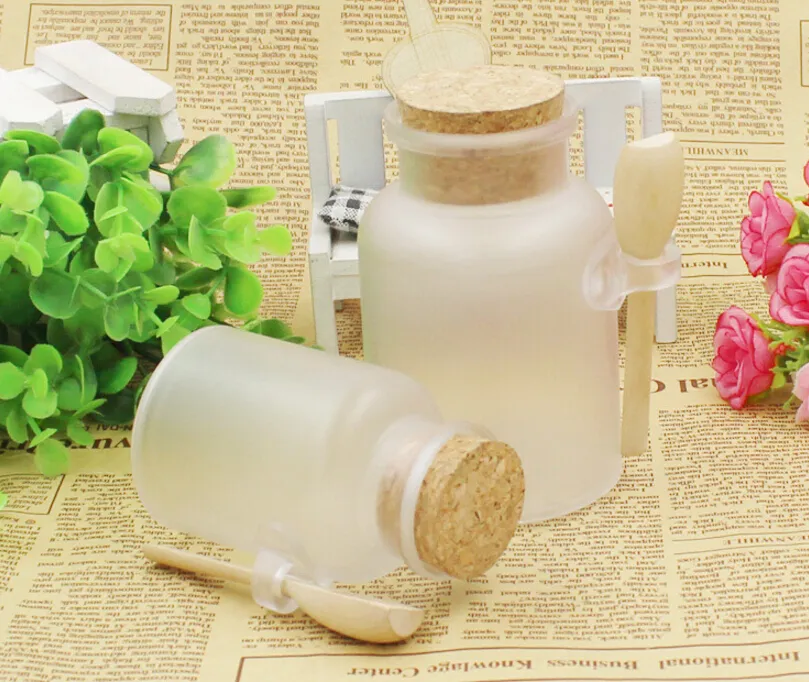 Bouteille de sel de bain de 300g, 50 pièces/lot, bouteille en plastique de poudre de 300ml, pot en liège avec cuillère en bois lin3589