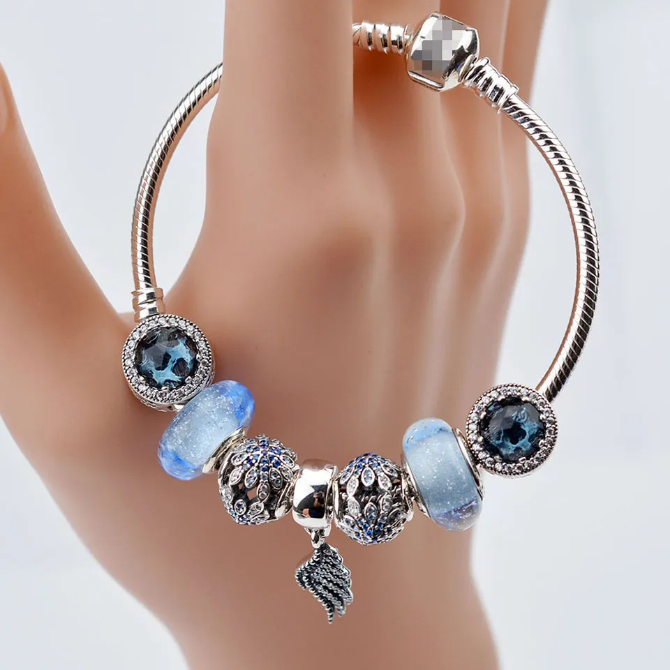 EDELL 100% 925 Sterling Silver Pandora Charm Beads Bracelets Blue Crystal Collocation Bracelet Suitable For Women DIY Bangles Send The Boxs