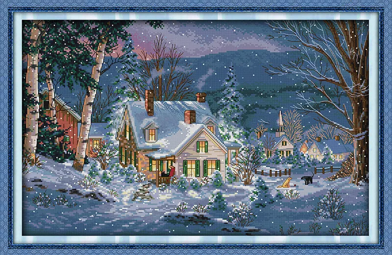 La nuit enneigée de Noël, ensembles de couture au point de croix faits à la main bricolage kits de broderie peintures comptées imprimées sur toile DMC 14CT / 11CT