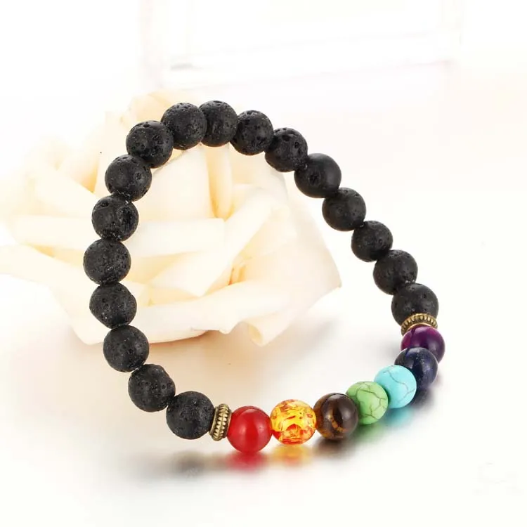 Moda 7 Chakra Pulsera Power Energy Pulsera Hombres Mujeres Moda Rock Lava Piedra Pulsera Mejor Vendedor Preferido