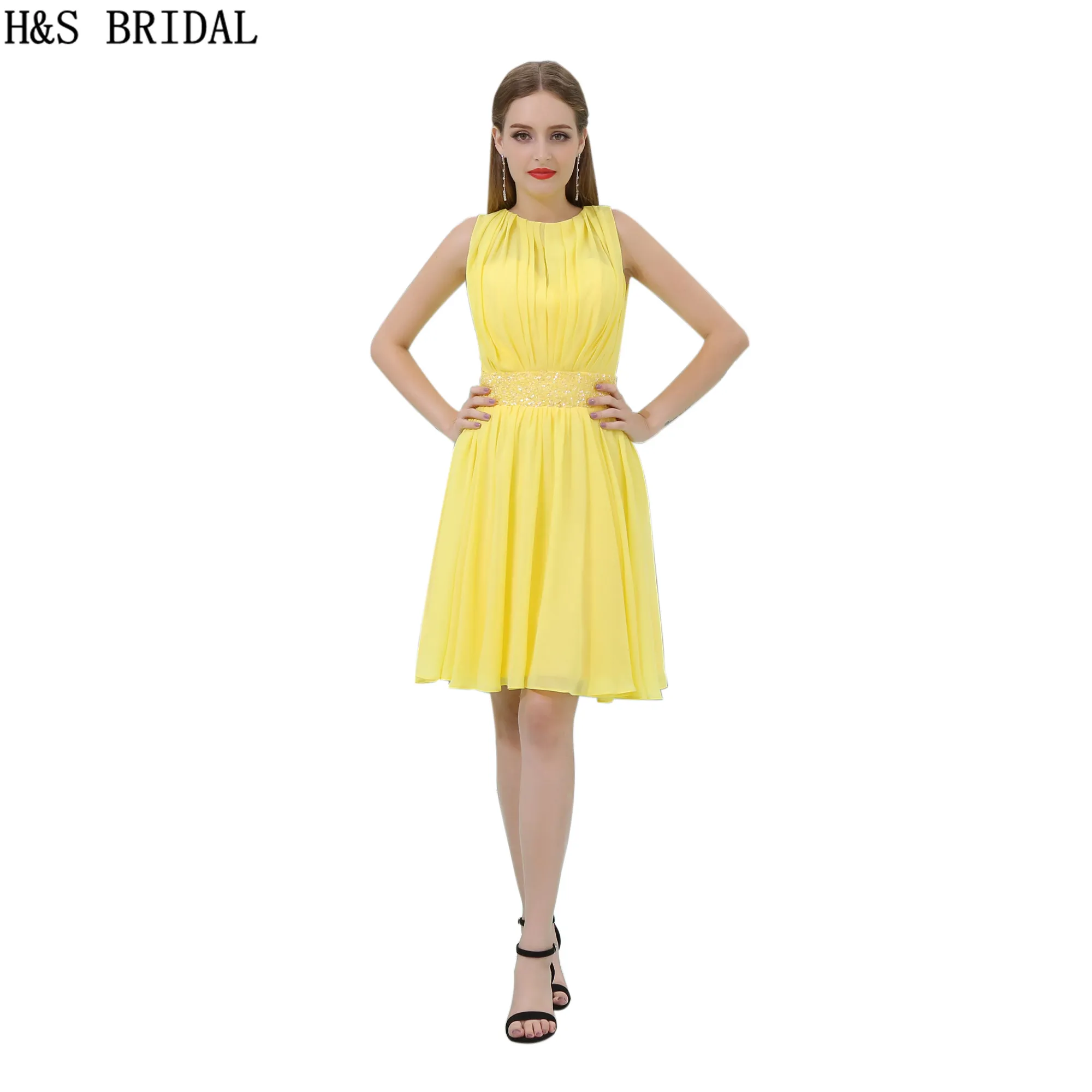 Short Chiffon Homecoming Dresses Beading Yellow Sheer Neck Cocktail Dress Charming Girls Cheap Party Gowns B012
