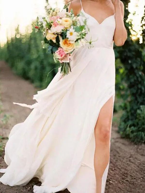 2017 Sexy Spaghetti Backless Chiffon Country Beach Bohemian Wedding Dresses Cheap Side Split Long Boho Bridal Gowns Custom Made EN11064
