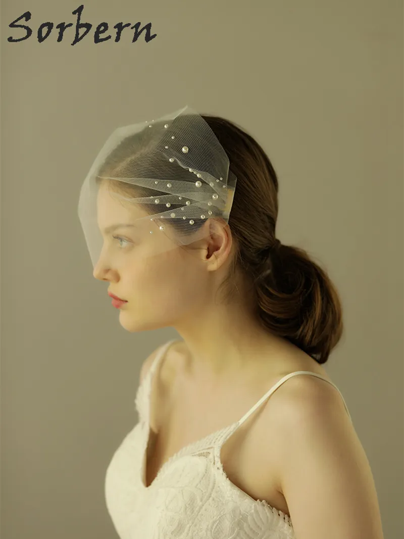 Sorbern Brautschleier aus weißem Perlen-Vogelkäfig-Tüll mit Kämmen, Gesichtsschleier, Brautjungfern, Braut-Haarschmuck für Frauen, Brautjungfern, handgefertigt