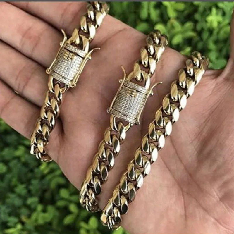 Mens 18K Złoty Ton 316L Cuban Link Link Crub Łańcuch kubański Łańcuch łącza Cuban Link z Diamonds Zamknięcie 8 mm 10 mm 12 mm 14m247k