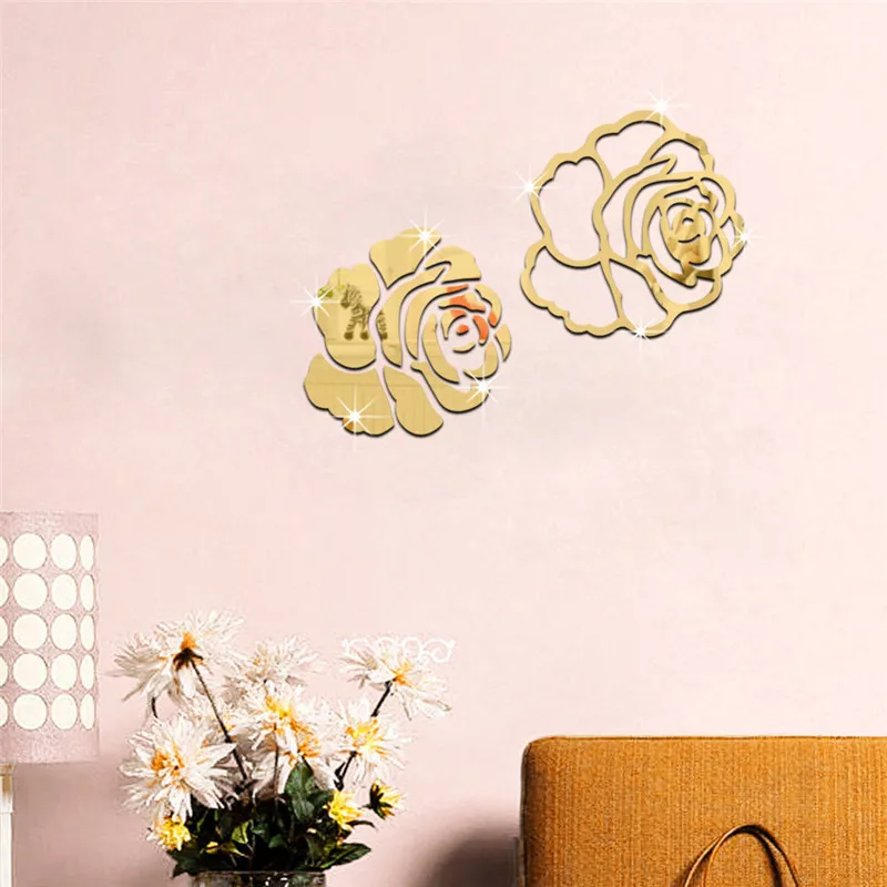 Sticker mural bricolage maison famille décor Rose fleurs miroir 3D décalcomanie chambre décoration accessoire Stickers muraux