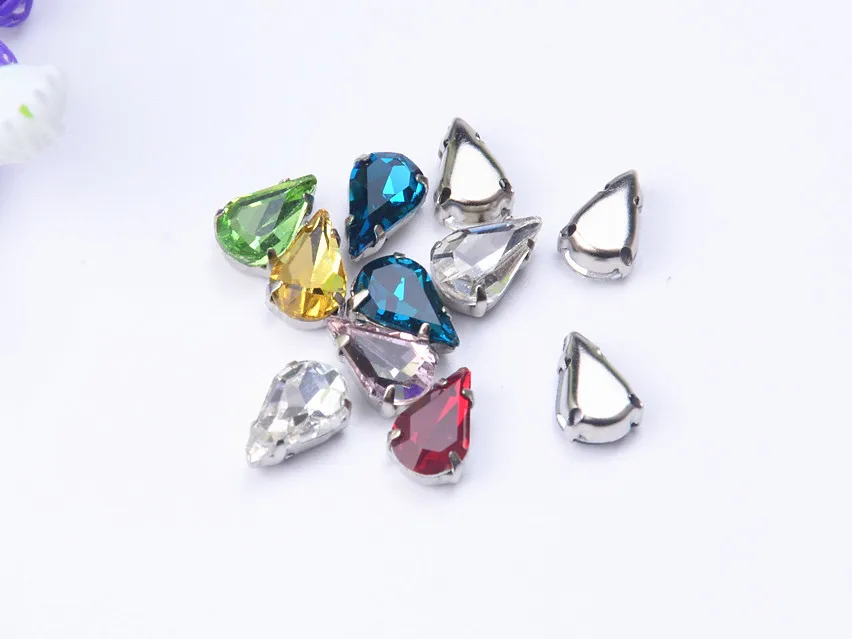 fancy 6x10mm waterdrop/Teardrop Pear Sew on Crystal button beads Fancy Stone with Metal Claw Setting