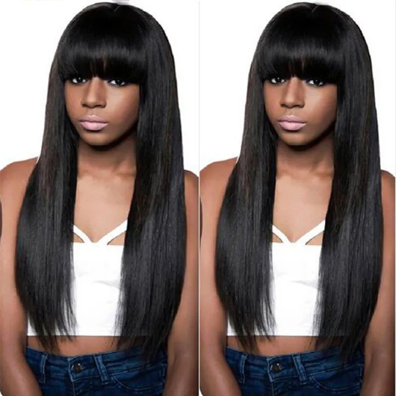 Toppkvalitet Långt Straight Wig Simulering Mänskliga hår Parykar Långa Silky Straight Paryker Med Full Bangs För Black Women I lager