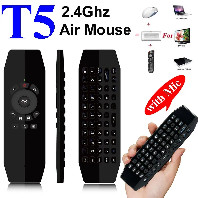 T5 MIC 2.4G Kablosuz Sinek Hava Fare Mikrofon Sesli Evrensel Uzaktan Kumanda Klavye IR Android TV Kutusu PC için Klavye Klavyesi